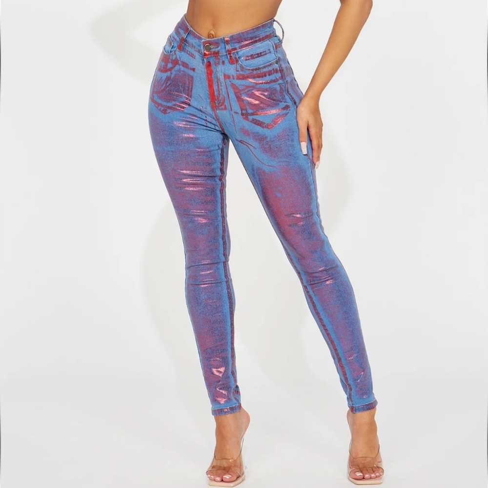 SOLD! FASHION NOVA Metallic Foil Stretch Red Skinny Jeans - Size 15 NWT